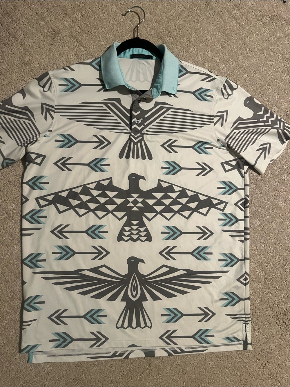 Greyson Men's White & Light Blue Graphic Polo Shirt large Rocky Mountain high